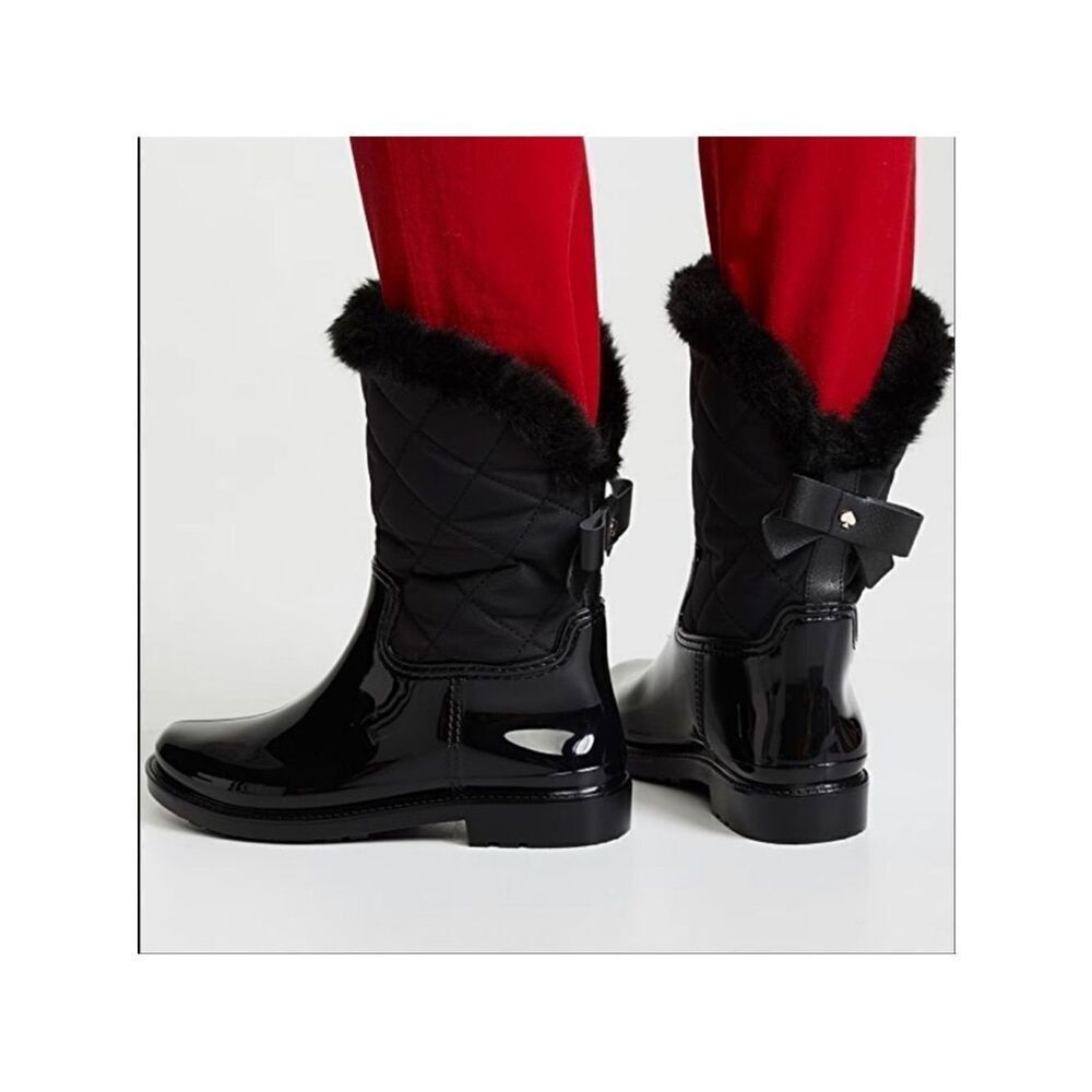 Kate Spade 9M Black Rubber Fleece Faux Fur Lined Rain Winter Pull-On Boots
